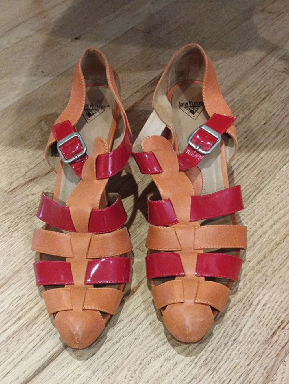 John Fluevog Red and Orange Leather Strappy Sandals - Picture 1 of 6